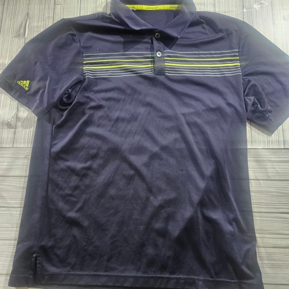 Adidas Climacool Mens Polo‎ Shirt Navy Blue Lime Green Striped Golf Top Medium